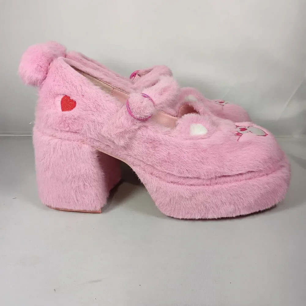 DOLLS KILL Pink Fluffy Care Bears Platform Heels Shoes‎ Size 7